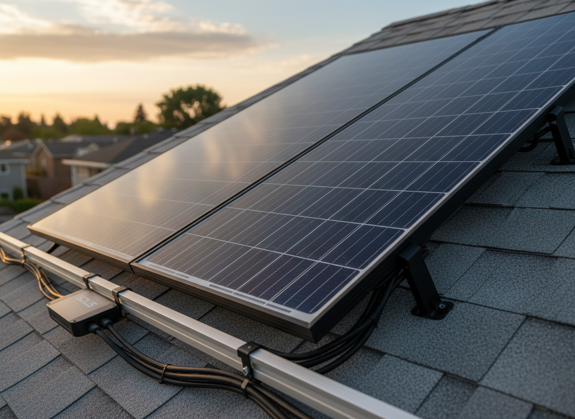 A close-up, side-angle view of a single premium solar panel mounted on a minimalist aluminum rail system against a light gray pitched roof. The panel surface shows fine grid lines and a faint, realistic reflection of the sky. At the edge of the frame, a small, discreet microinverter is visible with neatly routed black cabling. Golden hour sunlight bathes the scene in warm tones, accentuating the panel’s texture and casting a soft shadow along the roof. The background falls into a smooth bokeh of sky and distant rooftops. Photographic realism with a professional, technical mood, ideal for explaining high-quality components in a simple, accessible way.