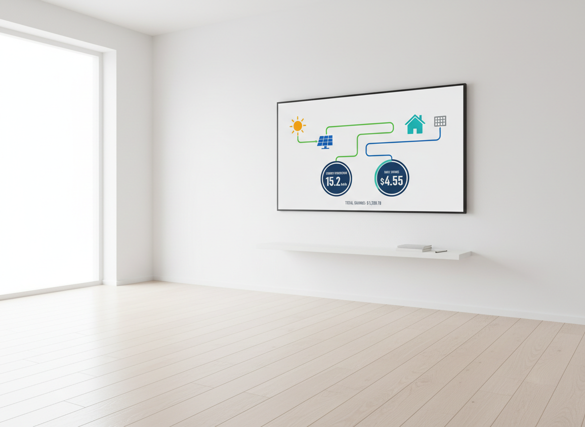 A clean, modern home energy dashboard displayed on a large, ultra-thin wall-mounted screen in a bright, minimalist room with white walls and light oak flooring. The screen shows a simple, colorful flow diagram: sun icon to solar panels icon to a house icon and grid icon, with clear numbers for current production and savings. Below the screen, a small white shelf holds a single closed notebook and a sleek pen. Soft, indirect daylight from a nearby window provides even illumination with almost no harsh shadows. Photographic realism with an eye-level composition and moderate depth of field, conveying control, transparency, and the simplicity of understanding solar performance.