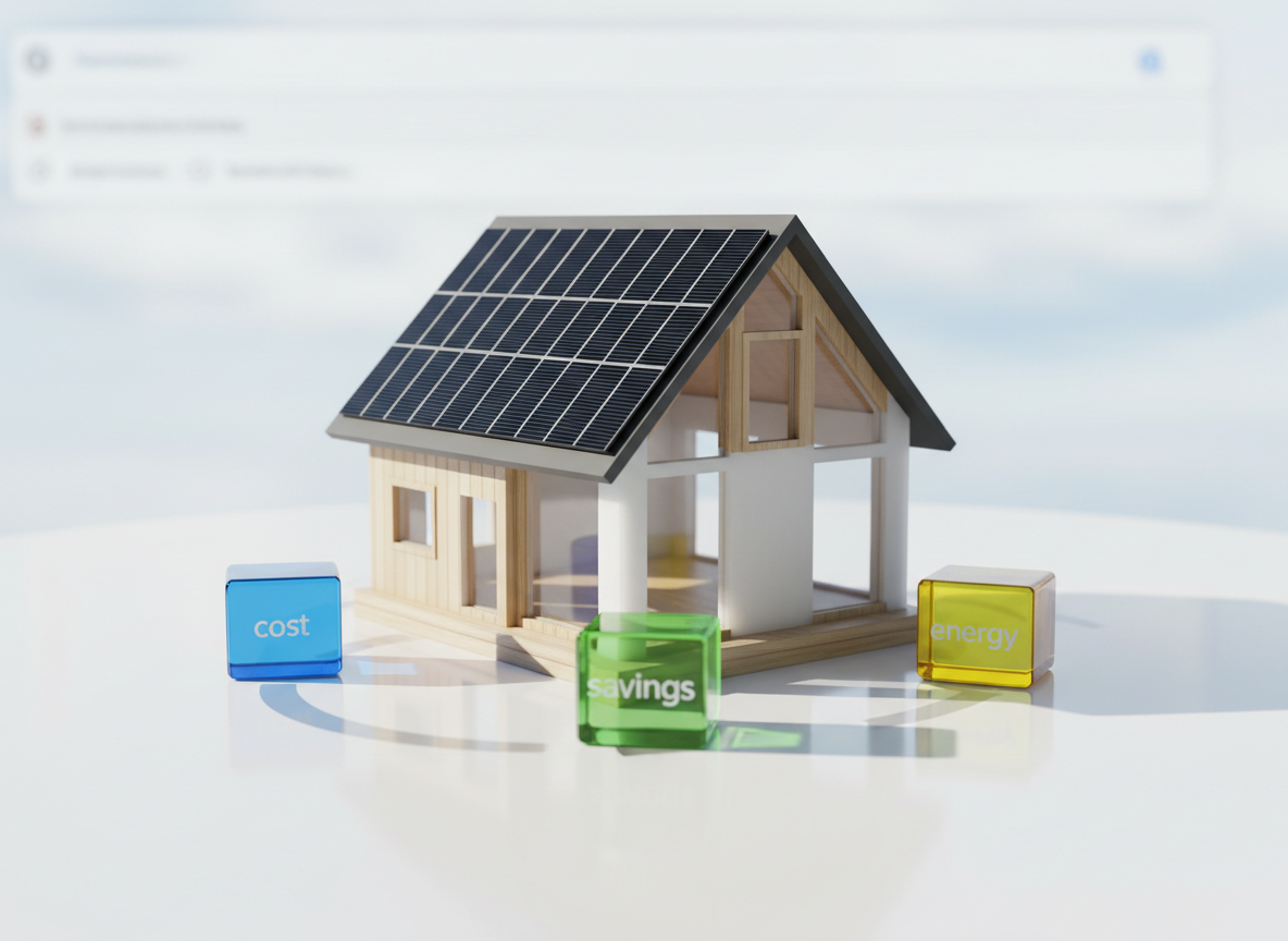 A compact, freestanding model of a modern house with a dark gray roof fully covered in miniature solar panels, placed on a smooth white tabletop. Surrounding the model are small, color-coded transparent acrylic blocks labeled “cost,” “savings,” and “energy,” arranged in a clear, logical layout. Natural midday light from the left creates precise, clean shadows and subtle reflections on the glossy tabletop. The background is softly blurred white and pale blue, suggesting a tech-forward, digital environment. Photographic realism with a centered composition and shallow depth of field, projecting a professional, educational mood that makes the solar decision process feel structured and easy to grasp.