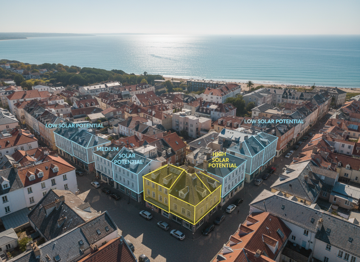 A sunlit aerial view of a small coastal town where numerous rooftops are overlaid with subtle, semi-transparent colored outlines indicating high, medium, and low solar potential. The underlying roofs and streets are captured in sharp photographic detail, while the overlays appear as clean, UI-style shapes in blues and yellows. Gentle afternoon sunlight enhances the realism of the buildings and casts long, soft shadows across the streets. Composition centers on a cluster of optimal rooftops highlighted clearly, with the sea and shoreline softly fading into the distance. The mood is analytical yet optimistic, visually representing intelligent, data-driven solar site selection made simple.
