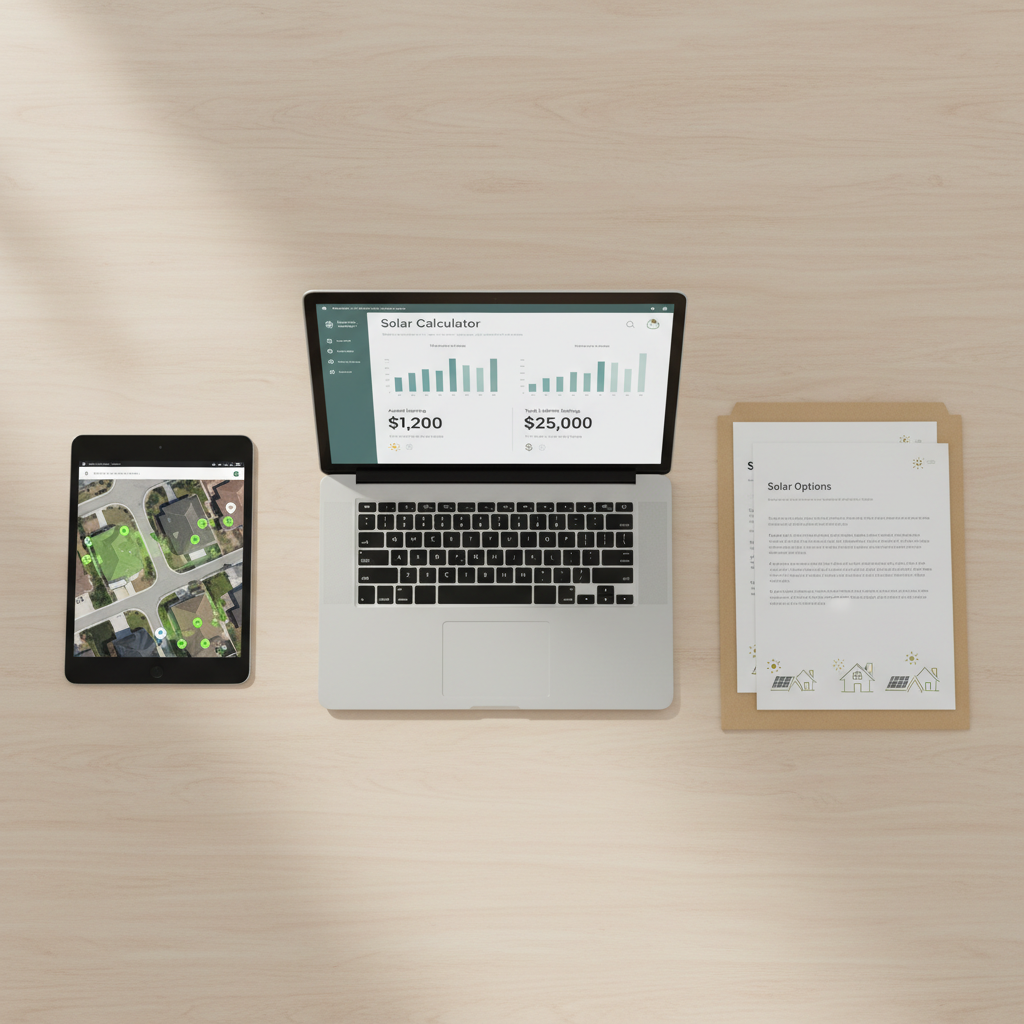 An overhead, bird’s-eye view of a minimalist, light wood desk featuring an open silver laptop displaying a clean solar calculator interface with simple graphs and savings numbers. Beside it lies a neatly stacked folder labeled “Solar Options” with simple icons of rooftops and sun symbols on visible pages. A matte black tablet shows a map with rooftops highlighted for solar potential. Soft, diffused daylight from an unseen window illuminates the scene, creating minimal shadows and a calm, professional atmosphere. Photographic realism with a bright, uncluttered composition emphasizing usability and simplicity for choosing solar, captured with sharp focus and a top-down perspective.