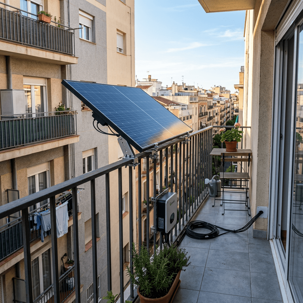 Solar panel installed on an apartment balcony railing with city buildings in the background