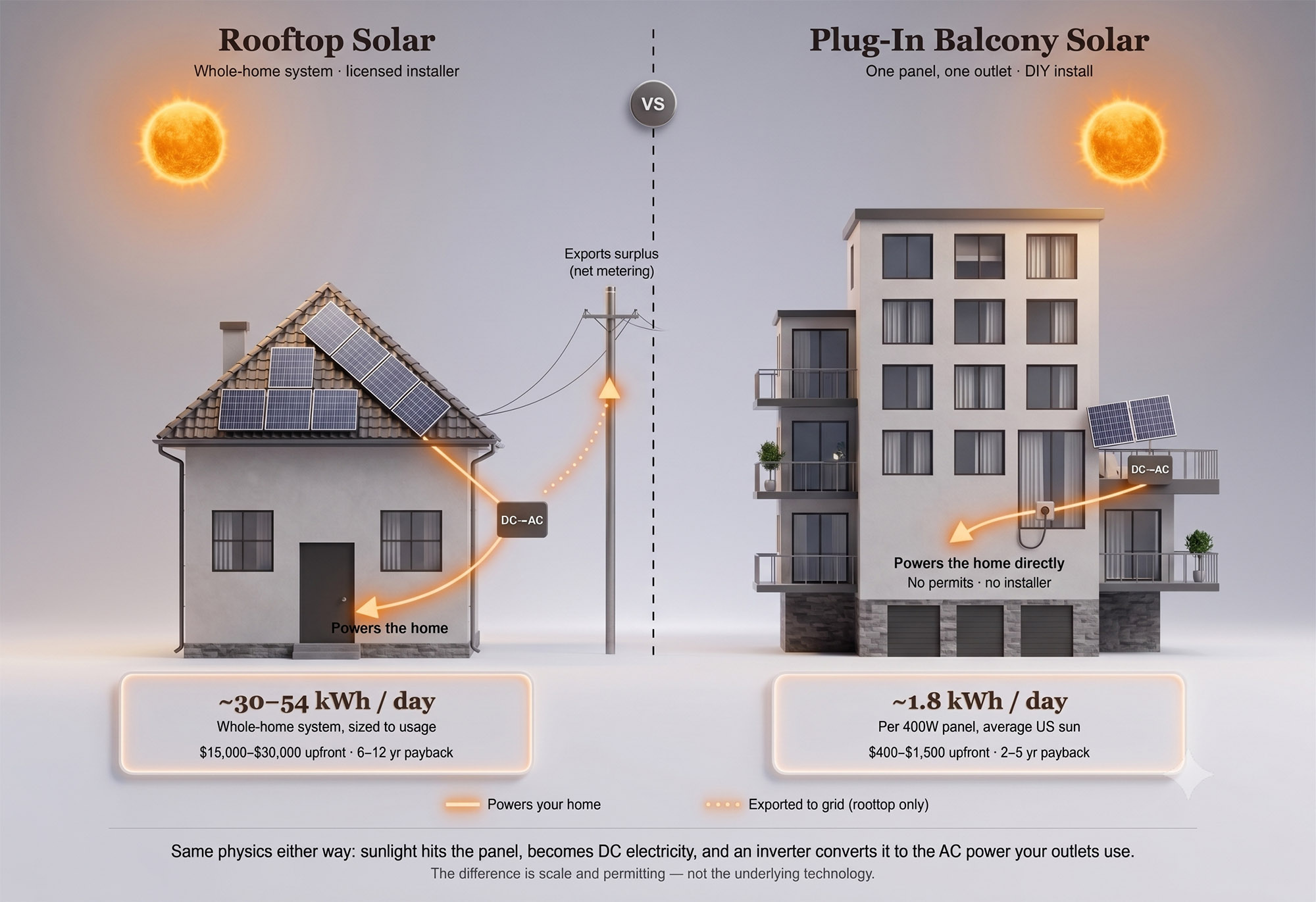 Diagram comparing rooftop solar and plug-in balcony solar: sunlight hits each panel, an inverter converts the power from DC to AC, and rooftop systems export surplus to the grid while balcony systems power the home directly