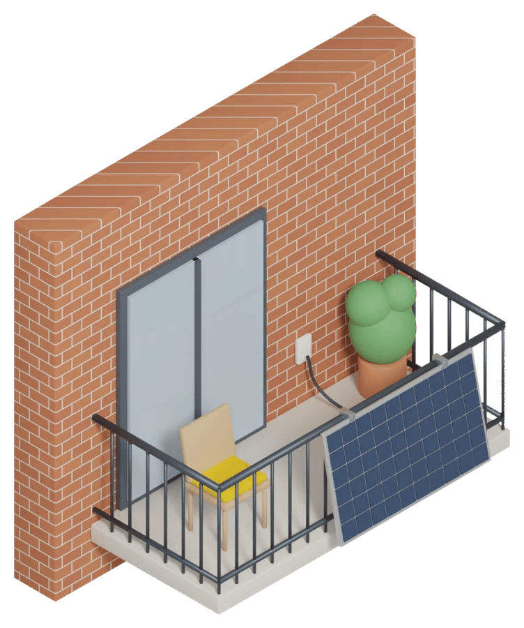 A 3D illustration of an apartment balcony with a solar panel hung on the railing and plugged into an outdoor outlet