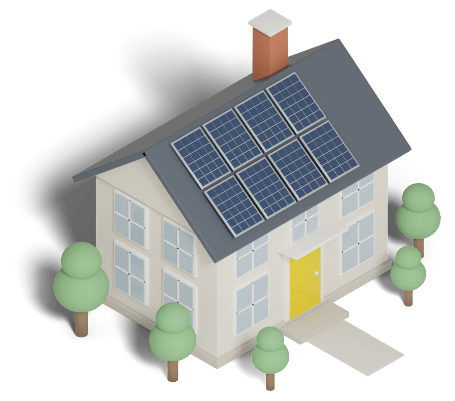 A 3D illustration of a two-story house with solar panels on its roof